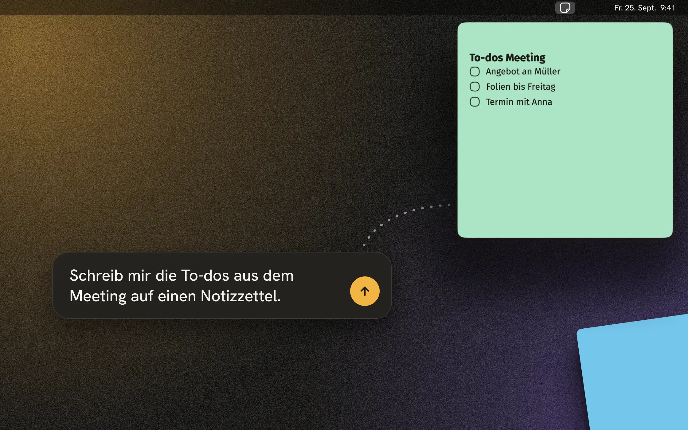 Stacco mit KI-Anschluss: In einer Chat-Zeile steht „Schreib mir die To-dos aus dem Meeting auf einen Notizzettel.“, daneben ein Senden-Button. Unter dem Stacco-Icon in der Menüleiste hängt ein mintgrüner Notizzettel „To-dos Meeting“ mit drei offenen Punkten.