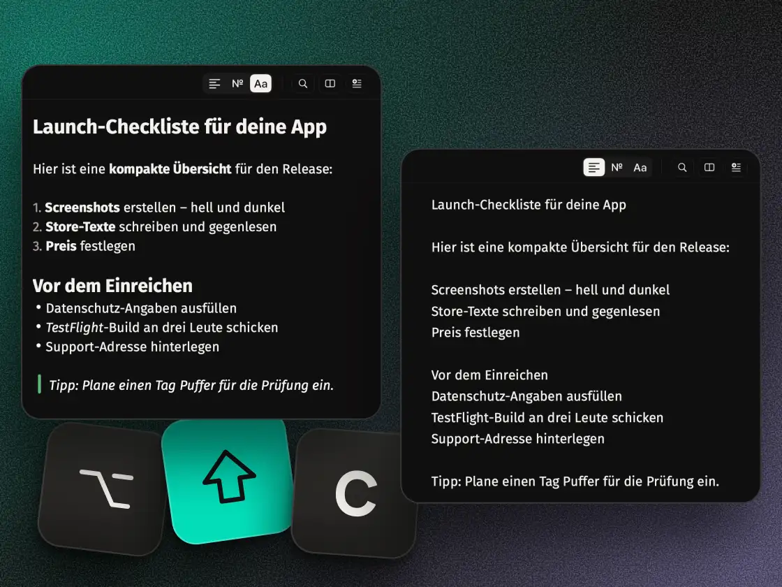 Piuma: derselbe Text zweimal, links formatiert mit Überschriften und Liste, rechts als reiner Text.