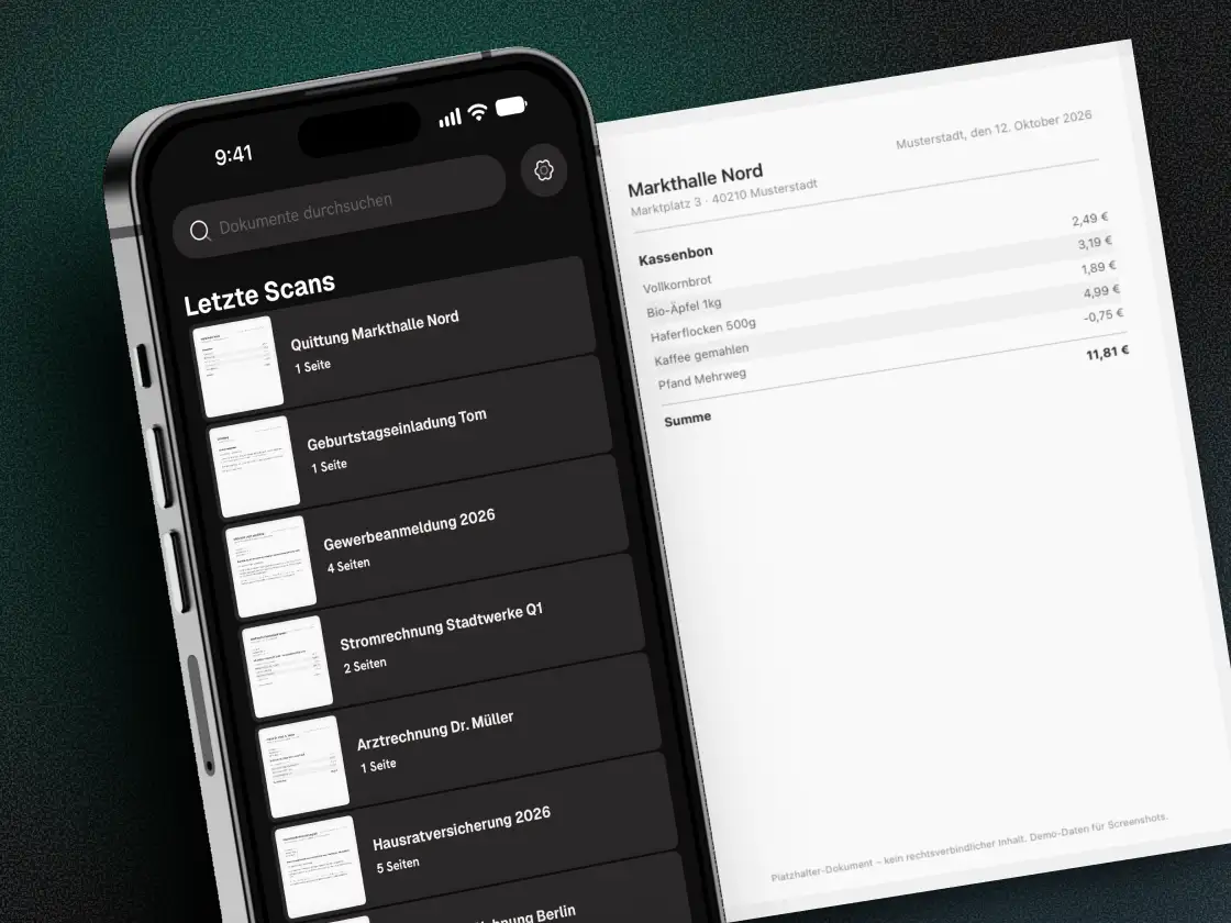 Mirino auf dem iPhone: die Liste der letzten Scans mit Suchfeld, daneben ein Kassenbon.