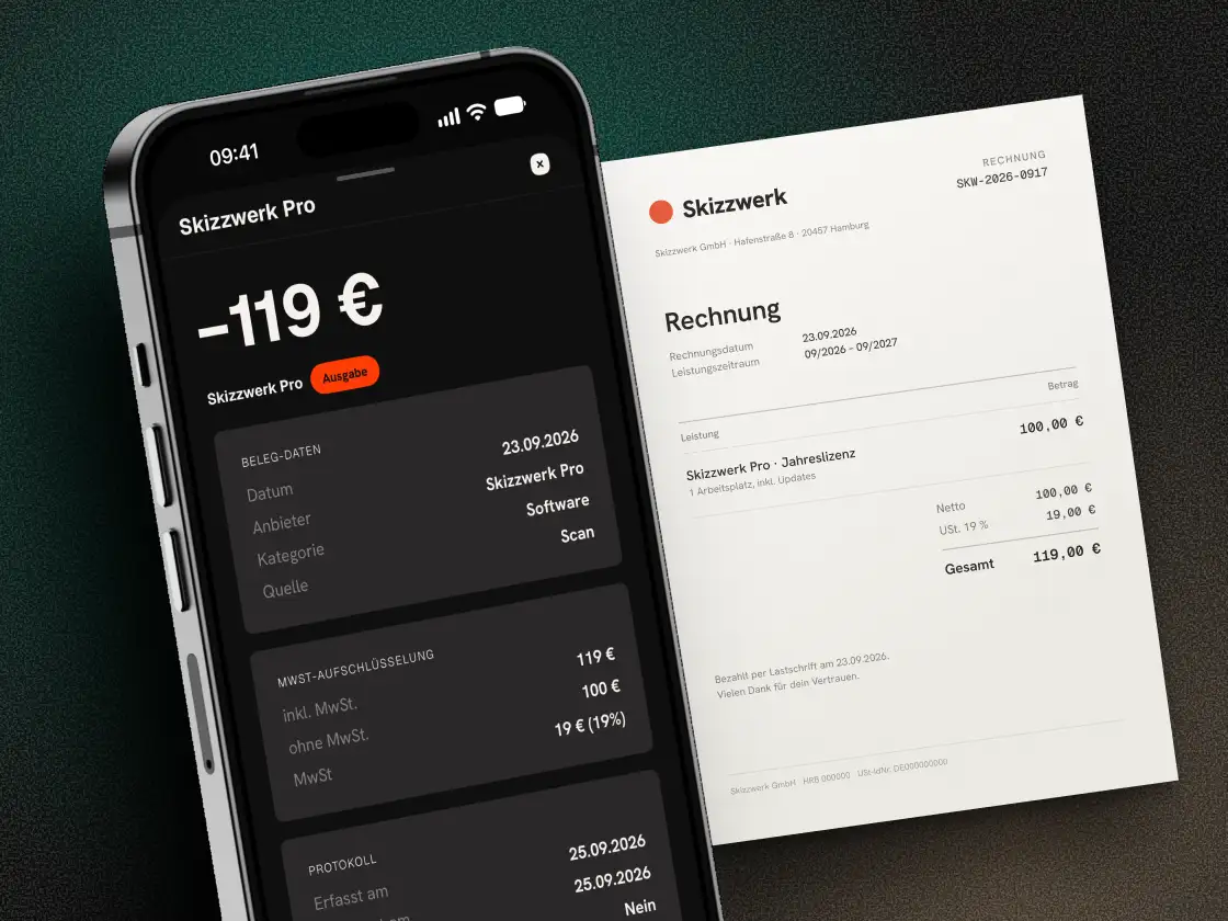 Quitto auf dem iPhone: ein erkannter Beleg mit Datum, Anbieter, Kategorie und MwSt., daneben die Rechnung dazu.