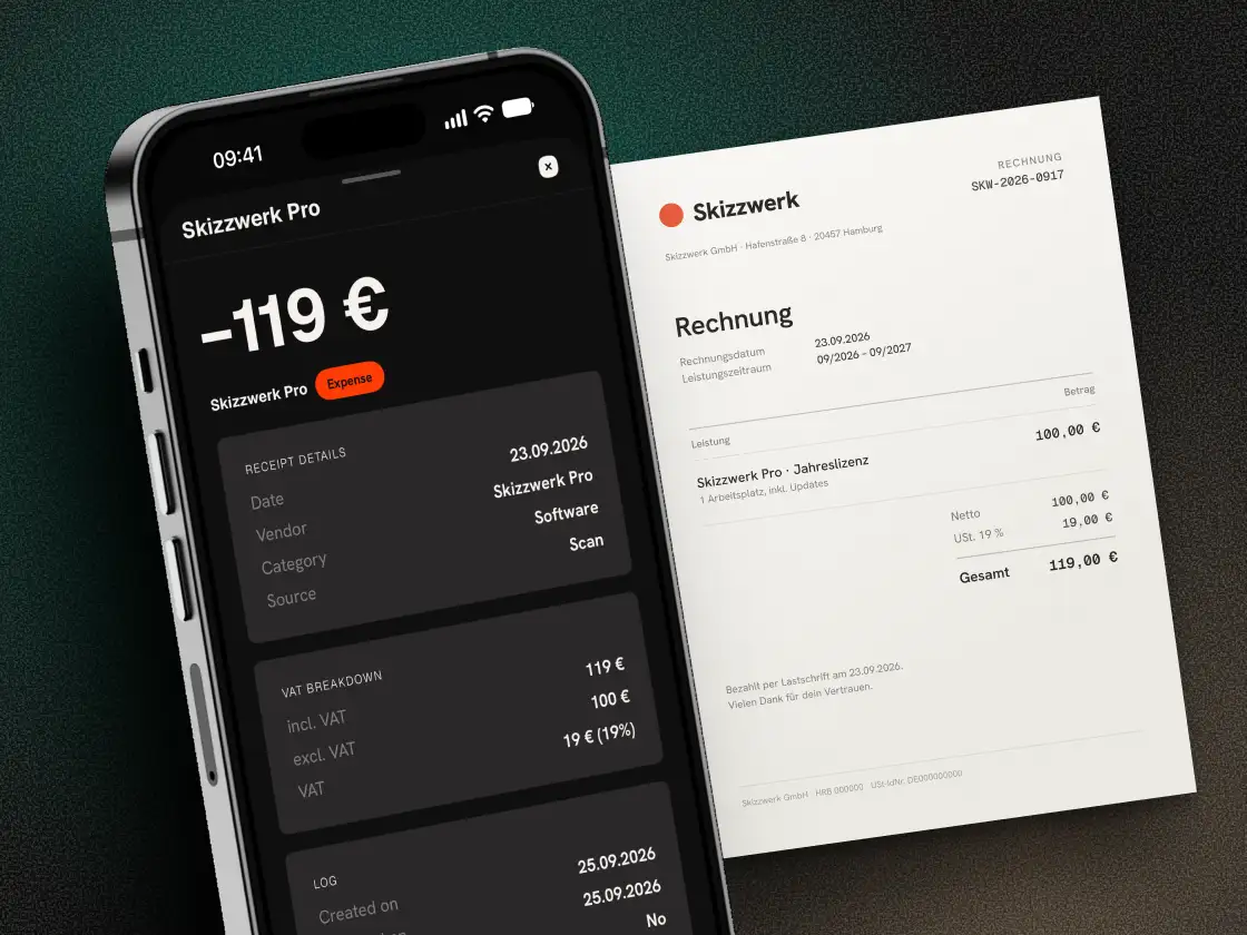 Quitto on an iPhone: a recognised receipt with date, vendor, category and VAT, the matching invoice beside it.
