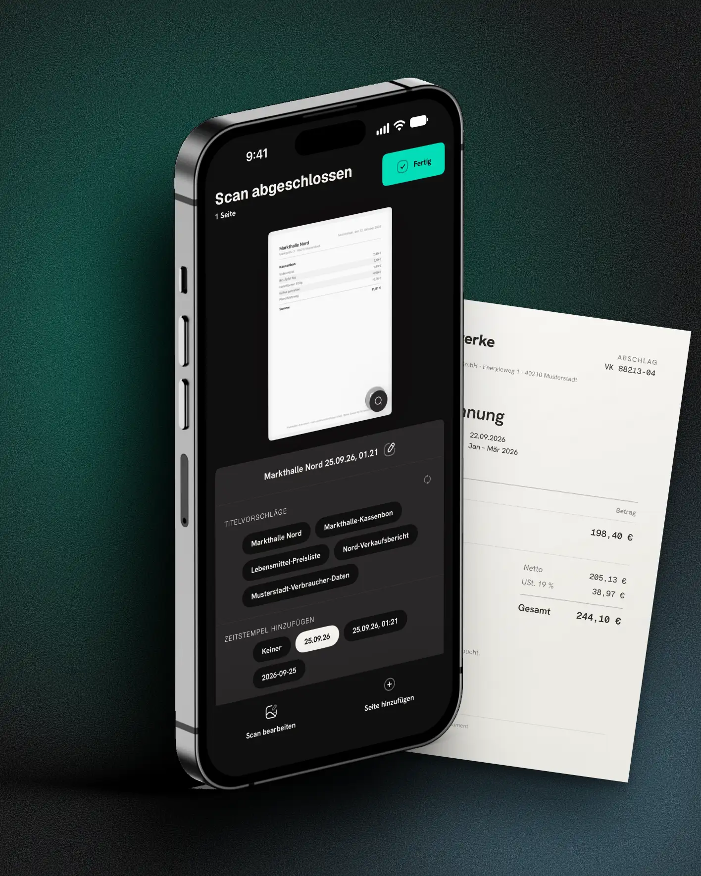 Mirino auf dem iPhone: ein fertiger Scan mit Titelvorschlägen und Zeitstempel, dahinter ein Brief.