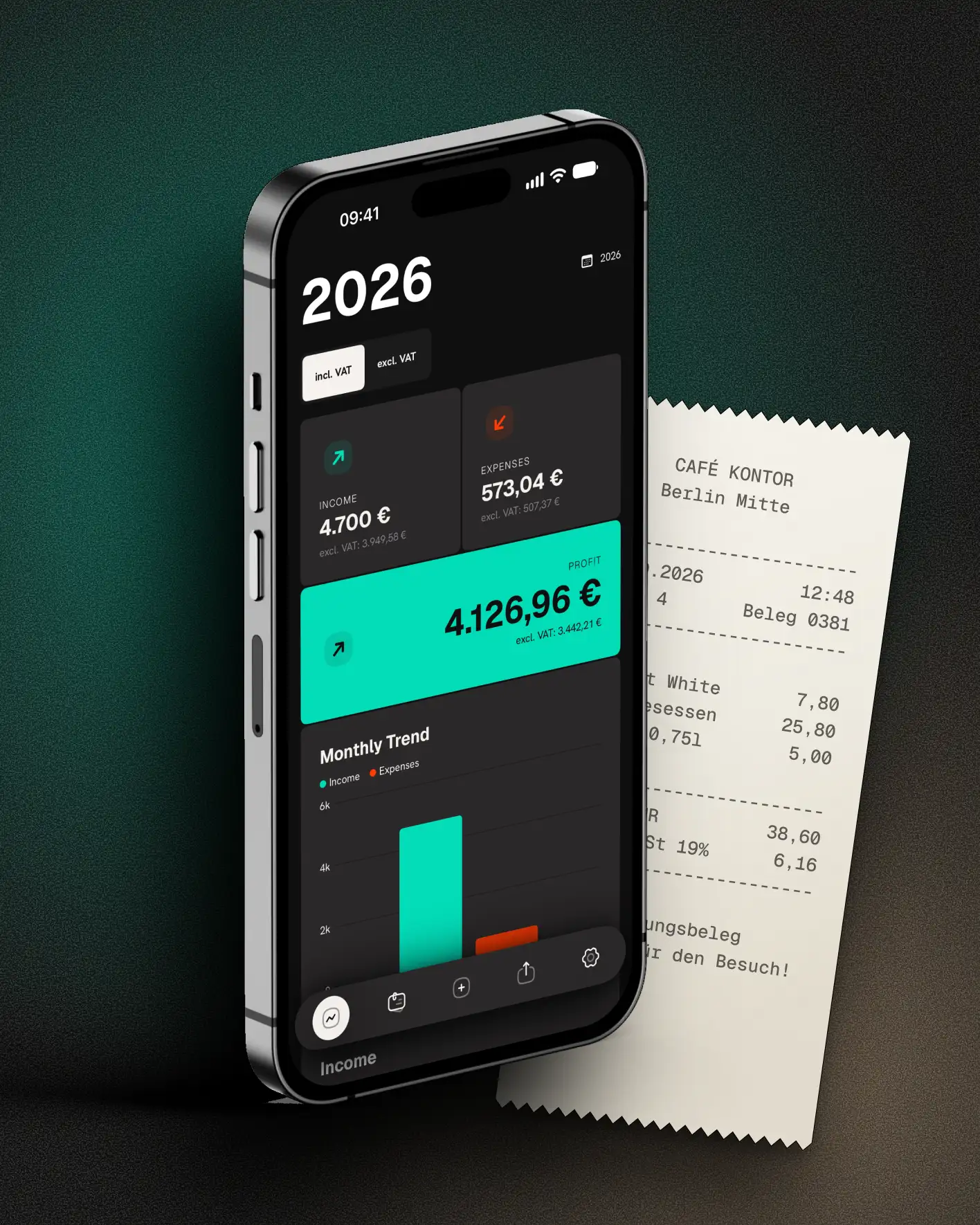 Quitto on an iPhone: the dashboard with income, expenses and profit, a receipt beside it.
