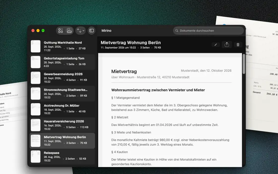 Mirino auf dem Mac: links die Dokumentenliste, rechts die Vorschau eines Mietvertrags.