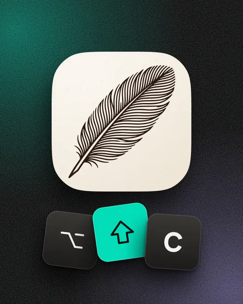 Das Piuma-Icon, eine Feder, darunter die Tasten ⌥ ⇧ C für die Zwischenablage.