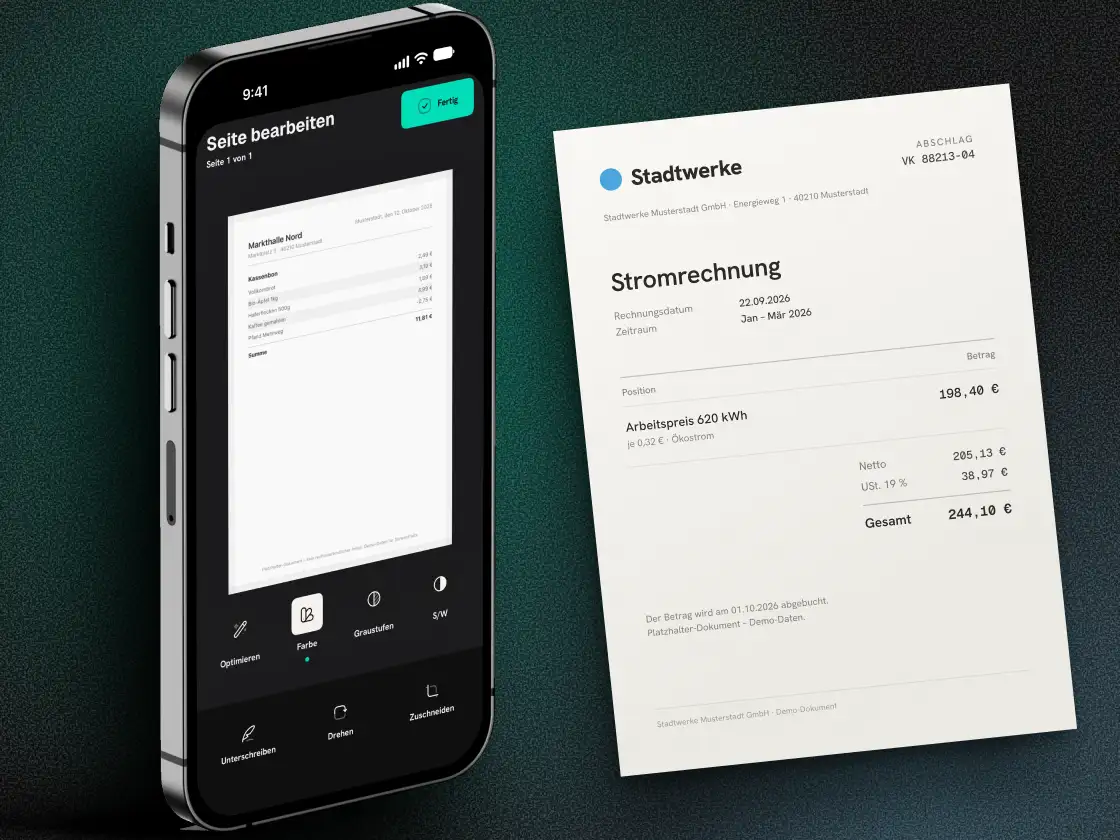 Mirino auf dem iPhone: Seite bearbeiten mit Optimieren, Farbe, Graustufen und Schwarz-Weiß, daneben der Brief.