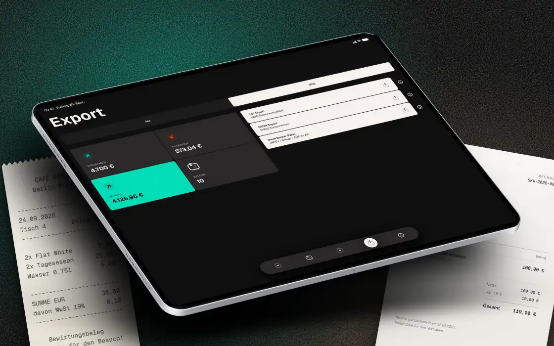 Quitto auf dem iPad: die Export-Ansicht mit CSV, DATEV und Steuerberater-Paket.